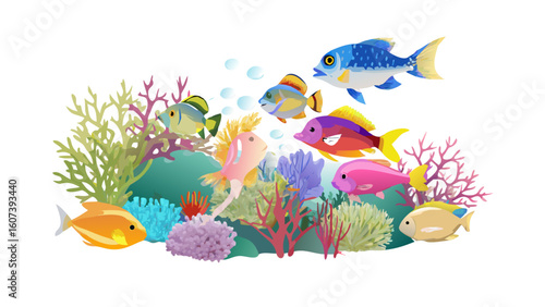 Vibrant underwater coral reef teeming with colorful tropical fish and aquatic plants