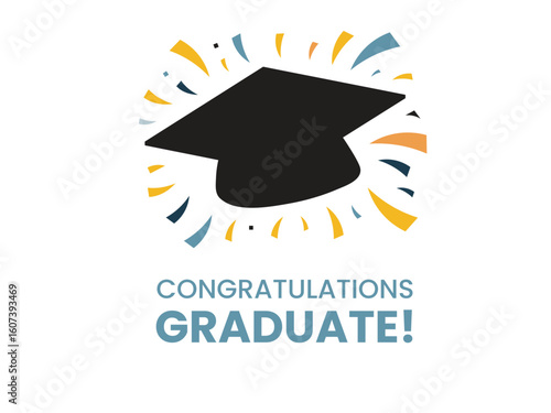 A simple, celebratory graphic design featuring a stylized graduation cap amidst a burst of colorful, abstract rays. Graduation Congratulations.