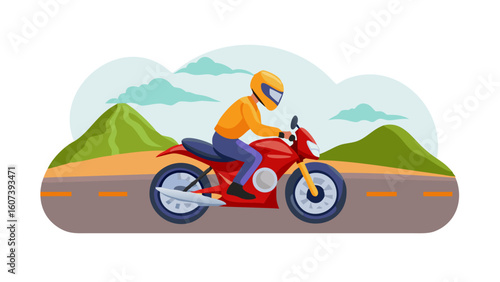A person in a yellow helmet rides a red motorcycle down a scenic road with mountains and clouds