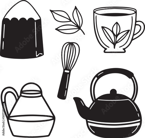 Flat vector icon set of tea related items silhouette