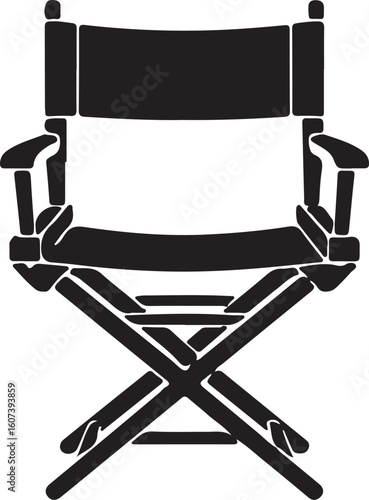 An isolated vintage movie director's chair sits next to a classic film reel and an old camera