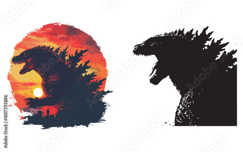 Godzilla silhouette against sunset and city skyline and Godzilla head silhouette monster kaiju