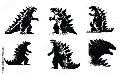 Six Black Silhouette Kaiju Monsters With Spikes On White Background Godzilla