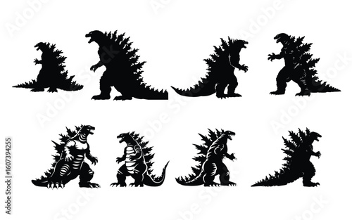 Eight black Godzilla silhouettes on white background monster kaiju