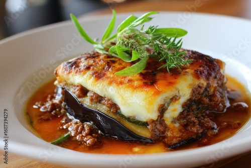 Delicious Moussaka Dish with Fresh Herbs.