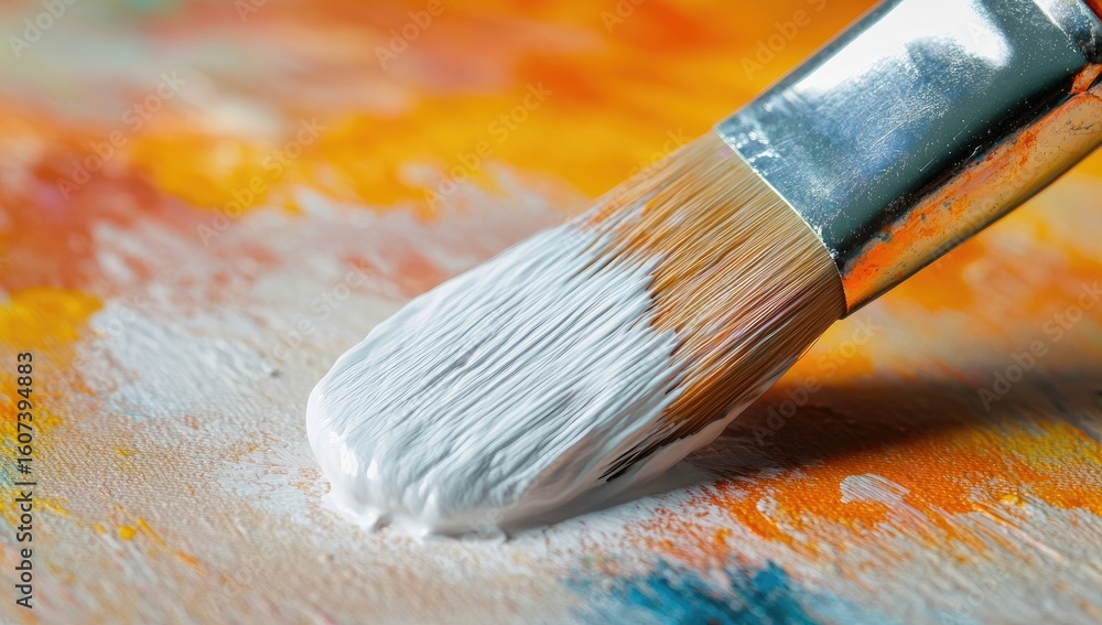 Fototapeta premium Close-up of a paintbrush dipped in white paint, poised over a vibrant colorful canvas