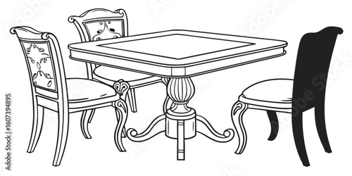 Black and white line art illustration of a square dining table and three ornate chairs with detailed decorative elements