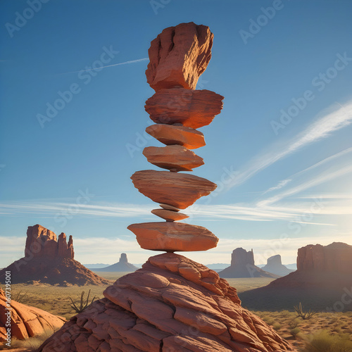 A vertical stack of seven smooth, grey and brown stones precariously balanced against a blurred ocean backdrop