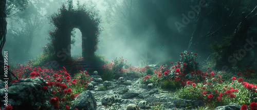 Haunted Gothic Archway with Skulls and Red Flowers – Halloween Background