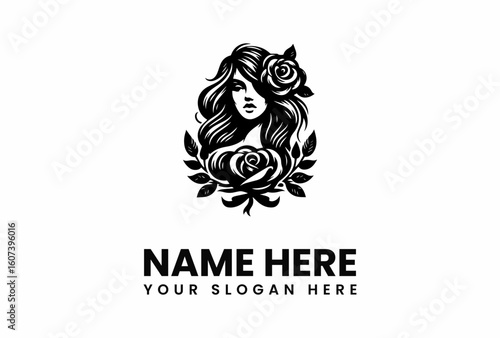 Elegant Black and White Rose and Woman Logo Design.