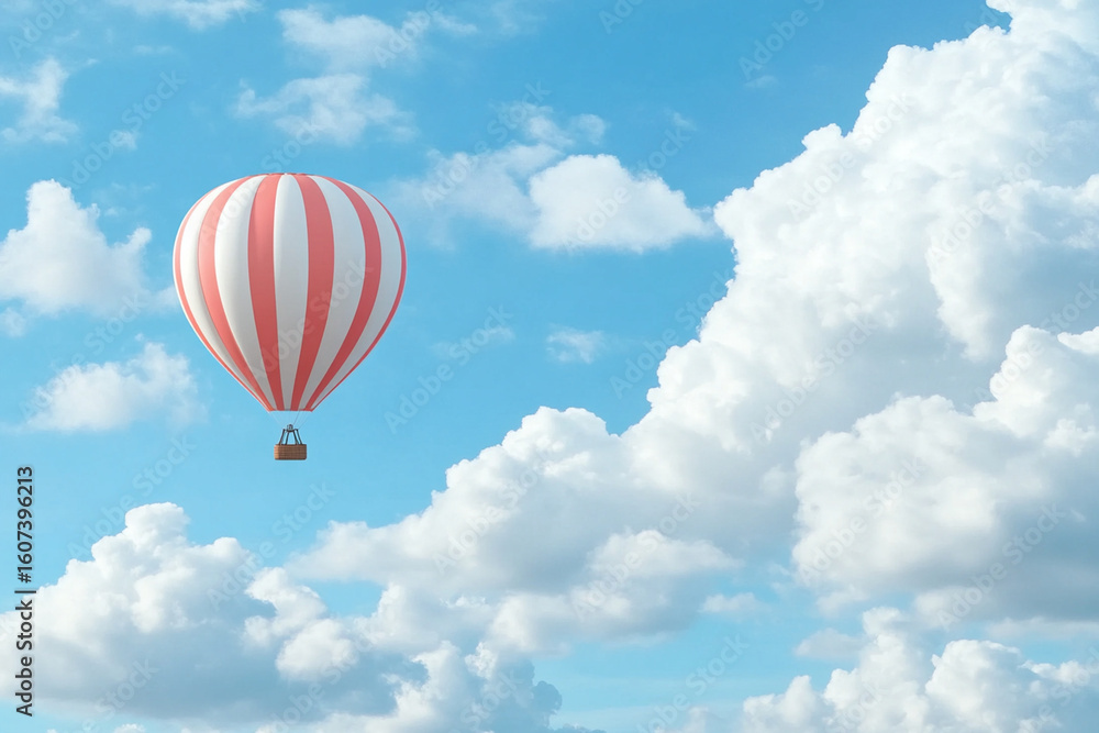 Obraz premium Hot air balloon gliding through fluffy clouds in bright sky