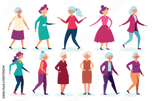 Diverse group of senior women in various poses and colorful clothing illustration