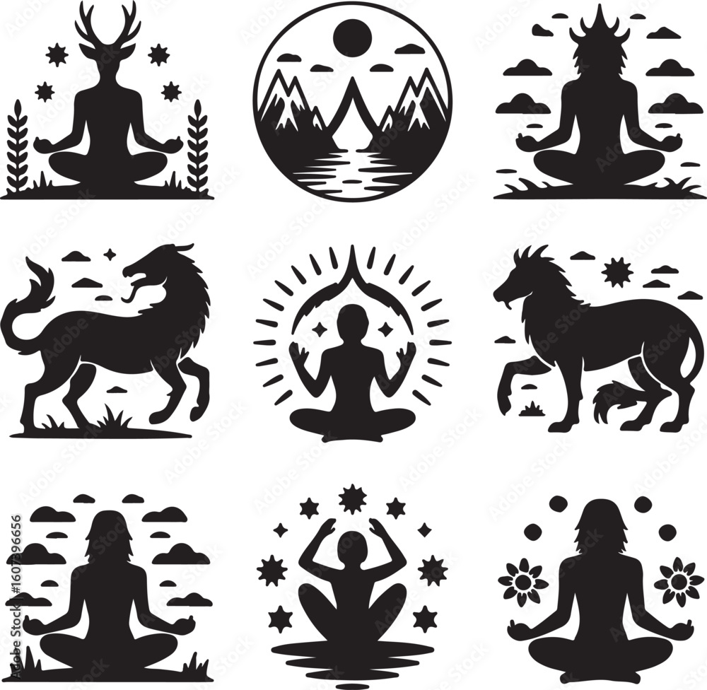 Obraz premium A vector set of Halloween animal silhouette icons featuring a black cat, bat, ghost, and pumpkin designs