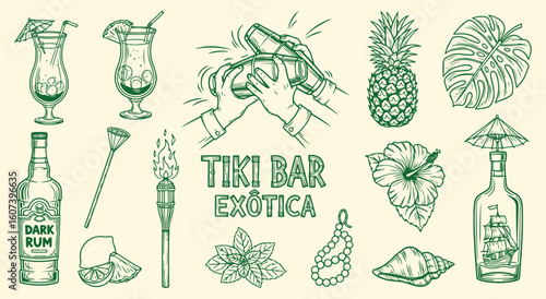 Tiki Bar Exotica vector illustration set. Vintage engraving style graphics of tropical cocktails, rum, pineapple, and hibiscus for menu, party, and summer design projects.