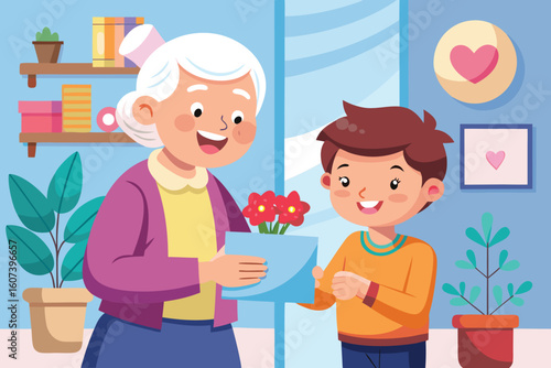Little Boy Giving Flowers to His Grandmother in a Heartwarming Scene