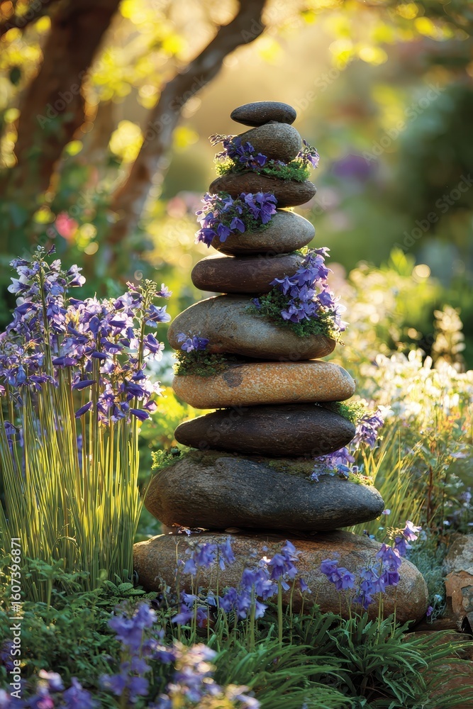 Obraz premium Serene Stone Cairn with Purple Flowers.
