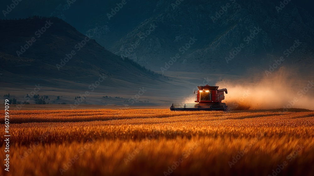 Fototapeta premium Golden wheat field, harvester at dusk