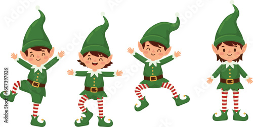 Cartoon elf character lineup vector with playful holiday poses—green outfits, curled shoes, striped stockings—festive illustration ideal for Christmas scenes, Santa helpers, or seasonal branding