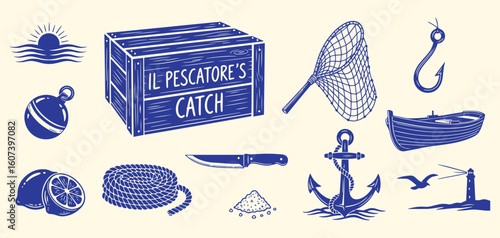 Il Pescatore's Catch vector illustration set. Vintage engraving style nautical and fishing elements like boat, anchor, net, and crate for seafood, restaurant, and marine design.