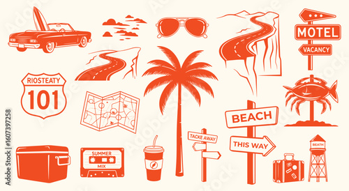 Vintage American road trip vector illustration set. Retro style graphics with car, motel sign, map, palm tree, and cooler for travel, vacation, and summer holiday design.