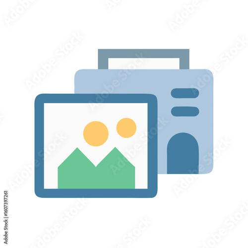 Stylized blue printer outputs image of mountains and suns