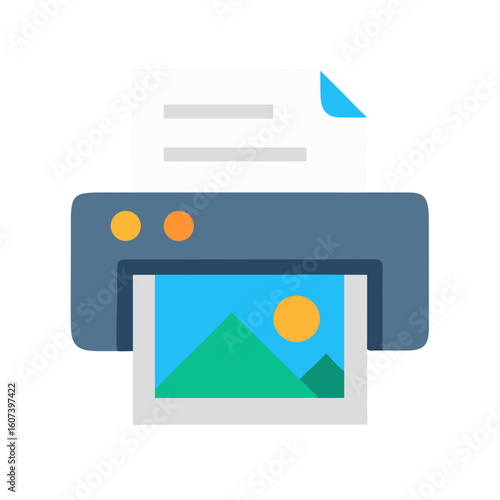 Flat design printer illustration printing document with landscape image