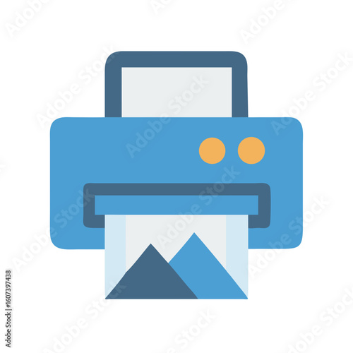 Blue Printer Icon with Mountains on Paper Image