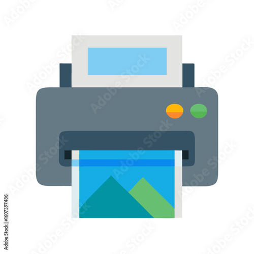 Modern flat printer icon with landscape image, isolated on black