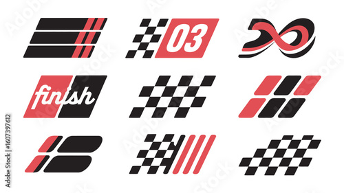 Racing Stripe and Sport Decal Set – Motorsport Speed Lines, Car Tuning Stickers, Checkered Flags, Motocross Labels, High-Speed Graphic Elements for Vehicle Design 