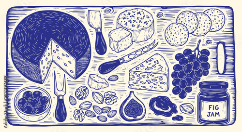 Hand drawn cheese board vector illustration. Vintage engraving style charcuterie with various cheeses, grapes, nuts, figs, crackers, and jam for food, menu, and restaurant design.