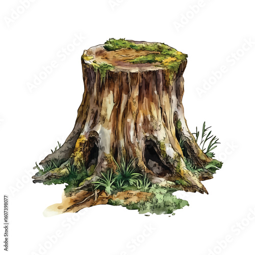 Mossy tree stump with hollows and grass illustration watercolor vector