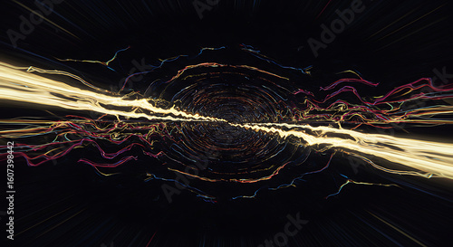 Abstract futuristic background of a swirling energy vortex, a hyperspace tunnel with glowing light trails representing speed and technology.