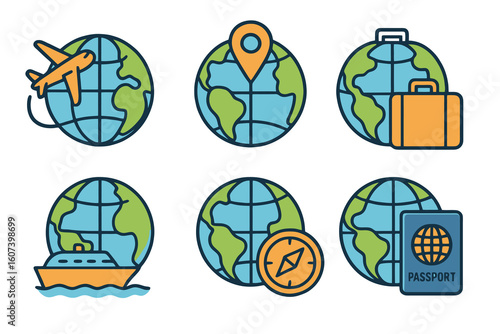 Set of 6 colorful globe icons about worldwide travel and adventure. Ideal for maps, travel agencies, and vacation planners.