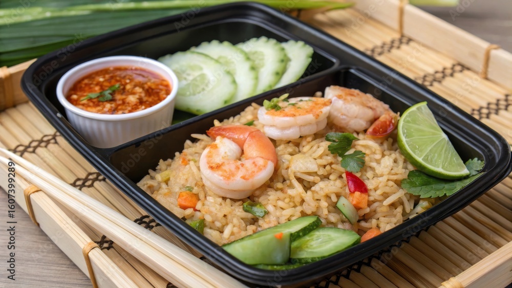 Authentic thaistyle lunchbox featuring khao pad goong with shrimp cucumber slices lime and chili fish sauce served on bamboo in a traditional setting Authentic thaistyle lunchbox featuring khao pad goong with shrimp cucumber slices lime and chili fish sauce served on bamboo in a traditional setting