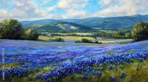 Vast field of vibrant bluebonnets, hills beyond