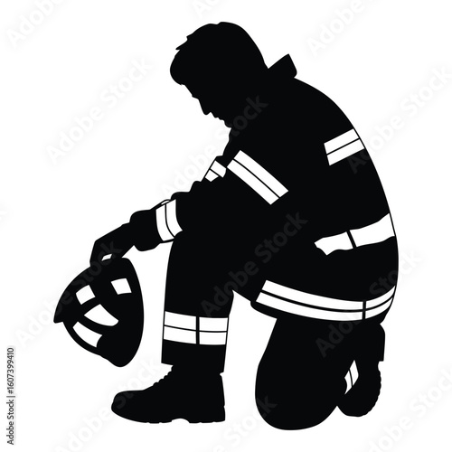 Silhouette of exhausted firefighter sitting with helmet in hand in emotional moment black and white vector