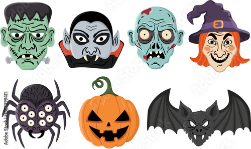 halloween vector object set monster faces pumpkin spider and bat cartoon illustrations for web design posters and decor character collection