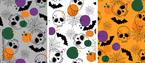 three spooky repeat patterns featuring creepy skulls flying bats and cobwebs ideal for festive October designs seamless pattern set