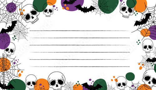 halloween invitation card template with spooky skulls bats and spiderwebs on colorful polka dot border festive october party greeting frame