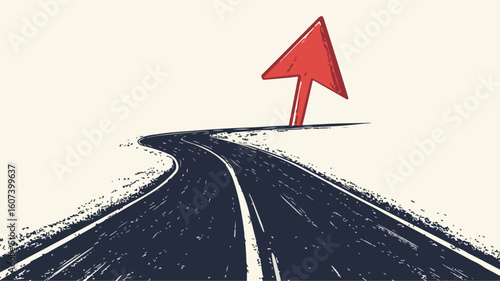 Cartoon Drawing of Road with Red Arrow Pointing