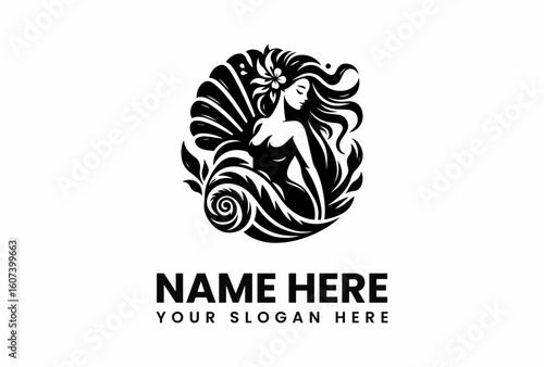 Elegant monochrome logo of a woman with flower in hair and stylized foliage.