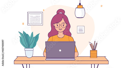 Professional Woman Working on Laptop at Office Desk Illustration