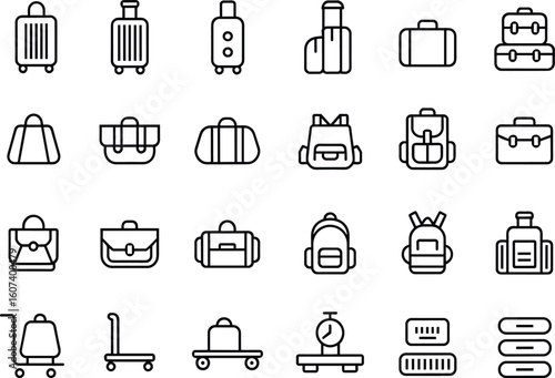 Travel luggage icon set vector illustration including duffel bags, suitcases, backpacks, trolleys, briefcases—minimalist flat symbols for packing, organization and lifestyle design themes