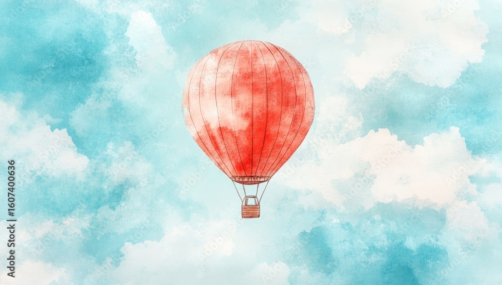 Naklejka premium Watercolor hot air balloon against a soft sky
