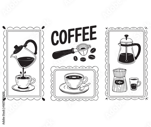 Collection of Coffee Elements in Frames Hand Drawn Style Various Brewing Methods and Coffee Accessories Coffee Culture Aesthetic