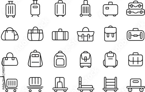 Minimalist luggage and bag icon set vector illustration featuring backpacks, suitcases, duffel bags, briefcases, trolley carts—travel and organizational symbols for lifestyle design use
