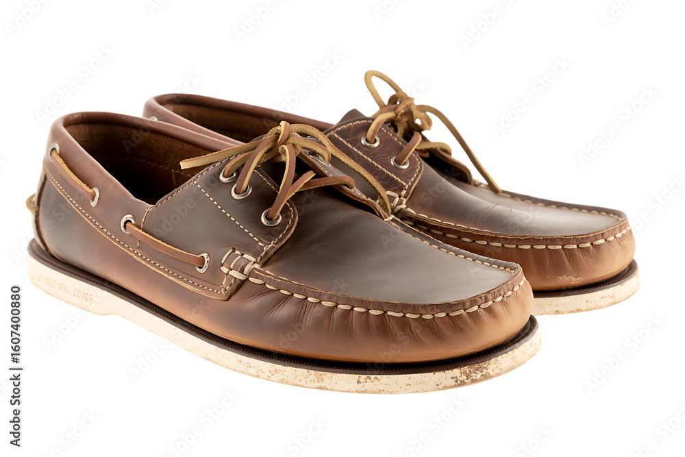 Naklejka premium Classic brown leather boat shoes with white soles isolated on transparent background