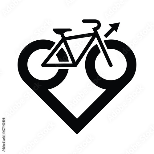 Stylized bicycle emblem with integrated heart and arrow spoke in black and white vector design