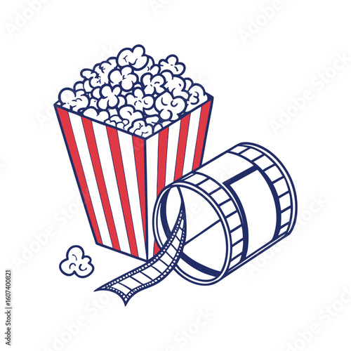 Popcorn and Film Reel – Cinema and Movie Night Vector Illustration