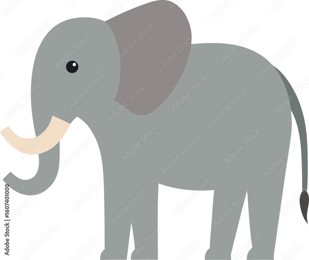Fototapeta premium Cartoon Elephant Illustration in Minimal Grey Style with Curved Trunk and Tusks